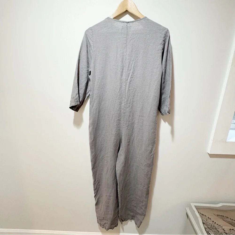 Zara The Lillian Jumpsuit Linen Size Small Gray Front Pockets V Neck Boiler Suit